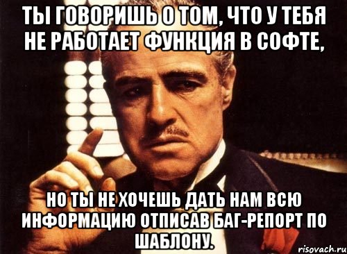 ты говоришь о том, что у тебя не работает функция в софте, но ты не хочешь дать нам всю информацию отписав баг-репорт по шаблону., Мем крестный отец