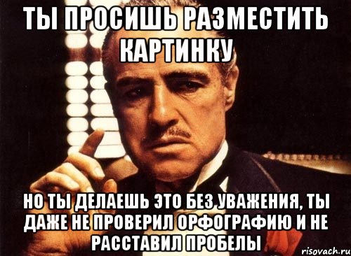 ты просишь разместить картинку но ты делаешь это без уважения, ты даже не проверил орфографию и не расставил пробелы, Мем крестный отец