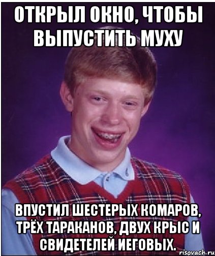 открыл окно, чтобы выпустить муху впустил шестерых комаров, трёх тараканов, двух крыс и свидетелей иеговых.