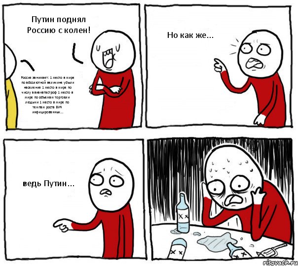 Путин поднял Россию с колен! Россия занимает: 1 место в мире по абсолютной величине убыли населения 1 место в мире по числу авиакатастроф 1 место в мире по объемам торговли людьми 1 место в мире по темпам роста ВИЧ инфицированных... Но как же... ведь Путин..., Комикс Но я же