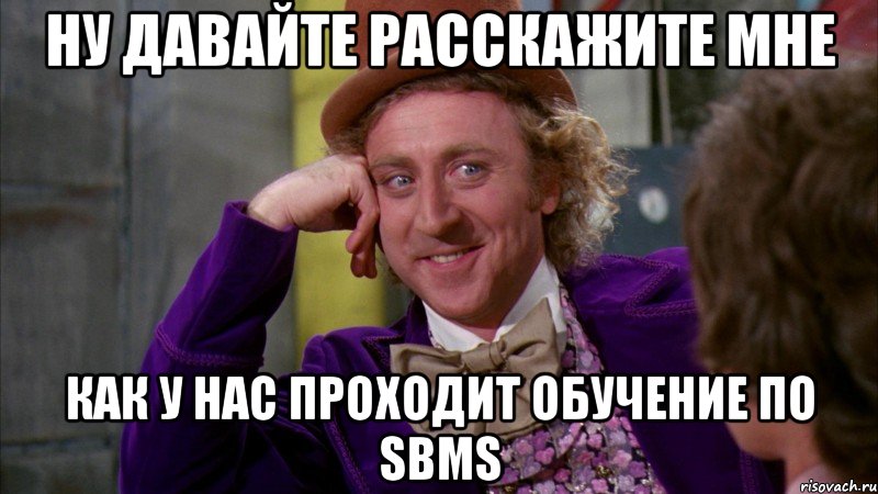 ну давайте расскажите мне как у нас проходит обучение по sbms, Мем Ну давай расскажи (Вилли Вонка)