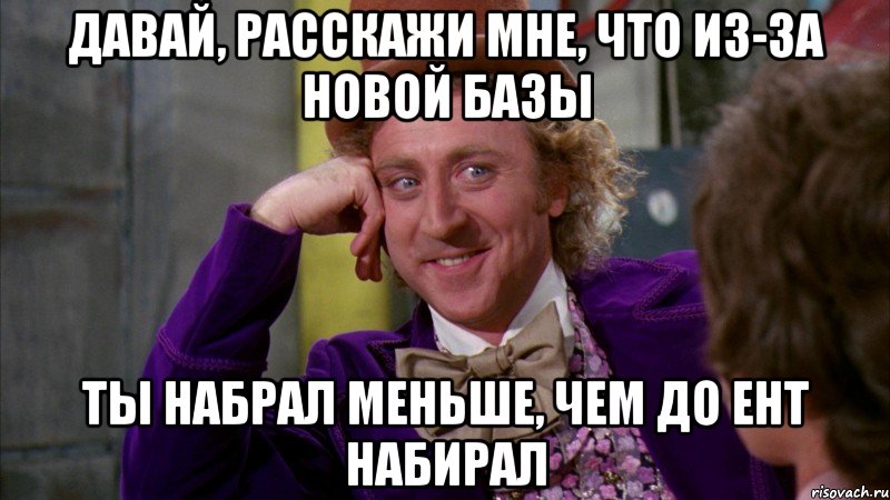 давай, расскажи мне, что из-за новой базы ты набрал меньше, чем до ент набирал, Мем Ну давай расскажи (Вилли Вонка)