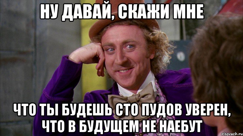 ну давай, скажи мне что ты будешь сто пудов уверен, что в будущем не наебут, Мем Ну давай расскажи (Вилли Вонка)