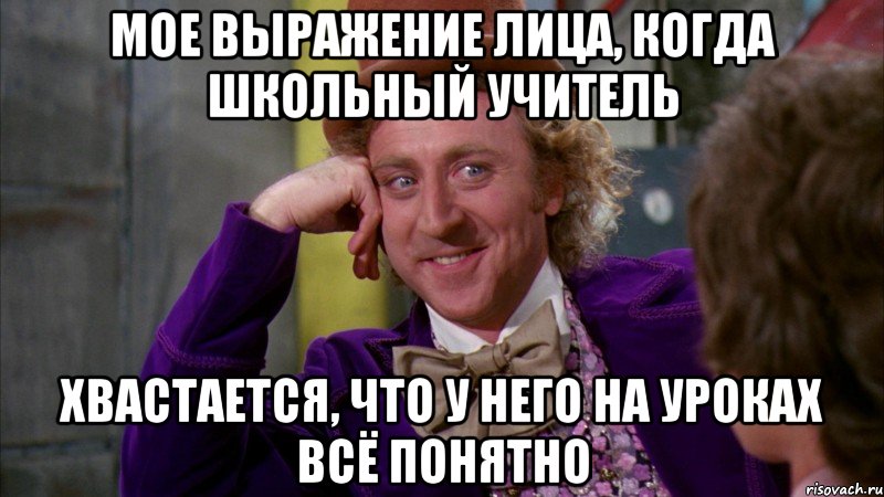 мое выражение лица, когда школьный учитель хвастается, что у него на уроках всё понятно, Мем Ну давай расскажи (Вилли Вонка)