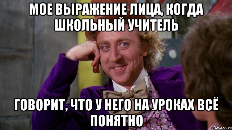 мое выражение лица, когда школьный учитель говорит, что у него на уроках всё понятно, Мем Ну давай расскажи (Вилли Вонка)