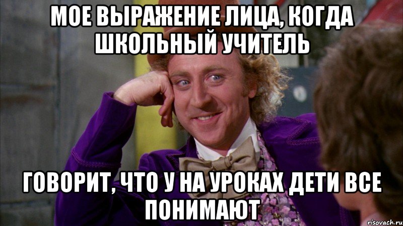 мое выражение лица, когда школьный учитель говорит, что у на уроках дети все понимают, Мем Ну давай расскажи (Вилли Вонка)