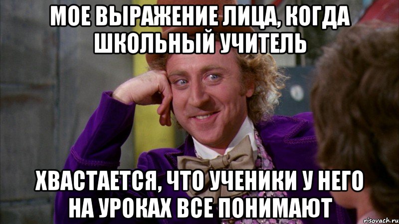 мое выражение лица, когда школьный учитель хвастается, что ученики у него на уроках все понимают, Мем Ну давай расскажи (Вилли Вонка)