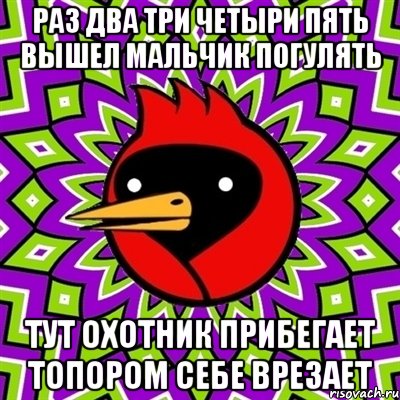 раз два три четыри пять вышел мальчик погулять тут охотник прибегает топором себе врезает, Мем Омская птица