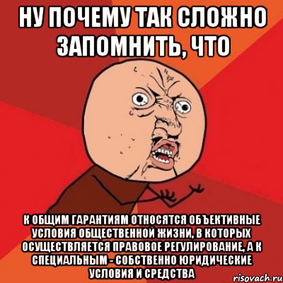 ну почему так сложно запомнить, что к общим гарантиям относятся объективные условия общественной жизни, в которых осуществляется правовое регулирование, а к специальным - собственно юридические условия и средства, Мем Почему