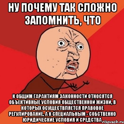 ну почему так сложно запомнить, что к общим гарантиям законности относятся объективные условия общественной жизни, в которых осуществляется правовое регулирование, а к специальным - собственно юридические условия и средства, Мем Почему