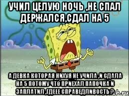 учил целую ночь ,не спал держался,сдал на 5 а девка которая нихуя не учила ,и сдала на 5 потому что приехал папочка и заплатил ,гдеее справедливость ?, Мем Спанч Боб плачет