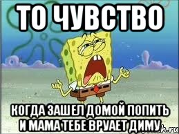 то чувство когда зашел домой попить и мама тебе вруает диму, Мем Спанч Боб плачет