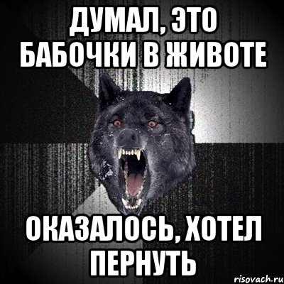 думал, это бабочки в животе оказалось, хотел пернуть, Мем Сумасшедший волк