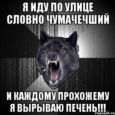 я иду по улице словно чумачечший и каждому прохожему я вырываю печень!!!, Мем Сумасшедший волк