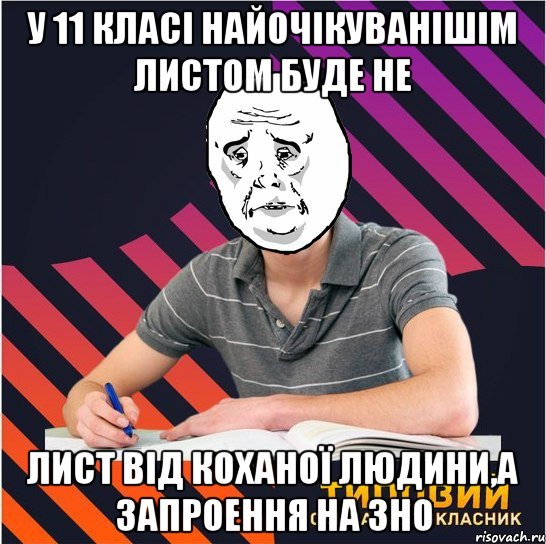 у 11 класі найочікуванішім листом буде не лист від коханої людини,а запроення на зно, Мем Типовий одинадцятикласник