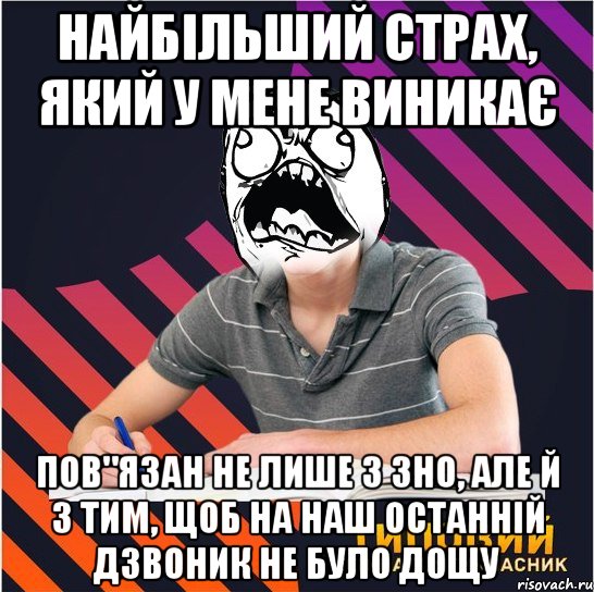 найбільший страх, який у мене виникає пов"язан не лише з зно, але й з тим, щоб на наш останній дзвоник не було дощу