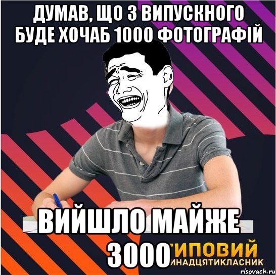 думав, що з випускного буде хочаб 1000 фотографій вийшло майже 3000, Мем Типовий одинадцятикласник