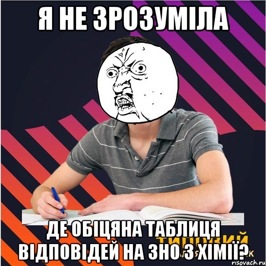 я не зрозуміла де обіцяна таблиця відповідей на зно з хімії?, Мем Типовий одинадцятикласник