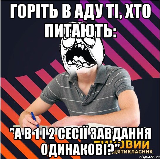 горіть в аду ті, хто питають: "а в 1 і 2 сесії завдання одинакові?", Мем Типовий одинадцятикласник