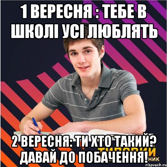 1 вересня : тебе в школі усі люблять 2 вересня: ти хто такий? давай до побачення!, Мем Типовий одинадцятикласник