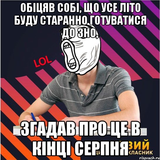 обіцяв собі, що усе літо буду старанно готуватися до зно, згадав про це в кінці серпня, Мем Типовий одинадцятикласник