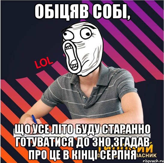 обіцяв собі, що усе літо буду старанно готуватися до зно,згадав про це в кінці серпня