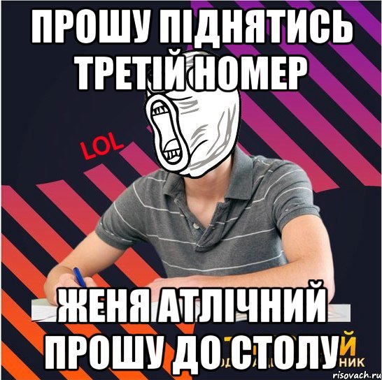 прошу піднятись третій номер женя атлічний прошу до столу, Мем Типовий одинадцятикласник