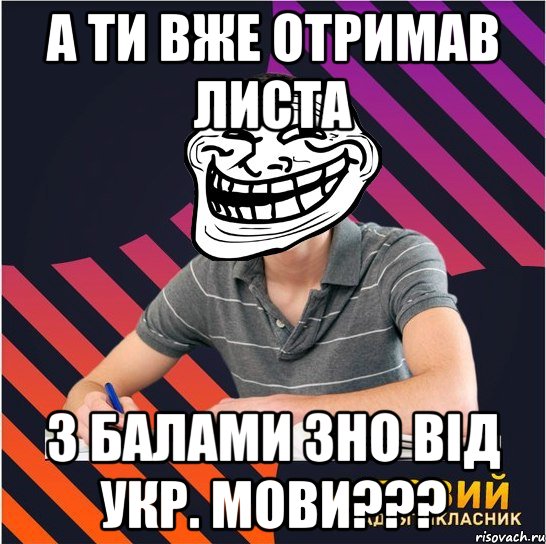 а ти вже отримав листа з балами зно від укр. мови???, Мем Типовий одинадцятикласник