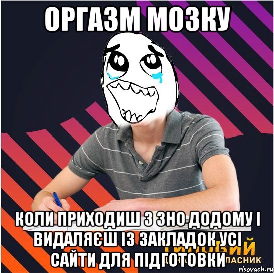 оргазм мозку коли приходиш з зно додому і видаляєш із закладок усі сайти для підготовки, Мем Типовий одинадцятикласник