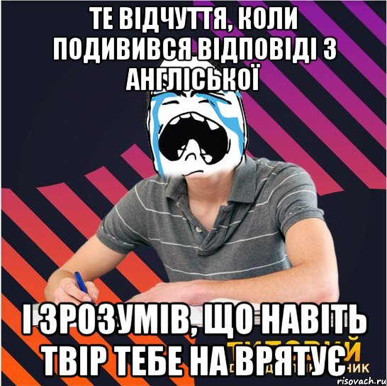 те відчуття, коли подивився відповіді з англіської і зрозумів, що навіть твір тебе на врятує, Мем Типовий одинадцятикласник