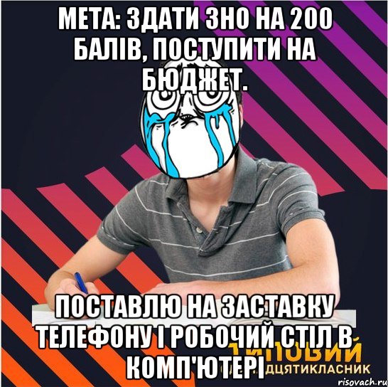 мета: здати зно на 200 балів, поступити на бюджет. поставлю на заставку телефону і робочий стіл в комп'ютері, Мем Типовий одинадцятикласник