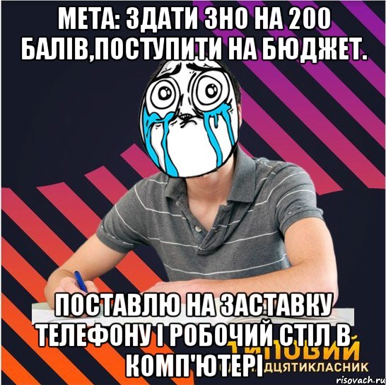 мета: здати зно на 200 балів,поступити на бюджет. поставлю на заставку телефону і робочий стіл в комп'ютері, Мем Типовий одинадцятикласник