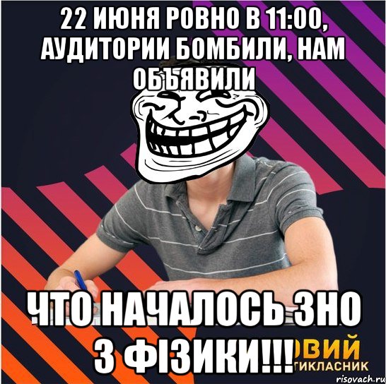 22 июня ровно в 11:00, аудитории бомбили, нам объявили что началось зно з фізики!!!, Мем Типовий одинадцятикласник