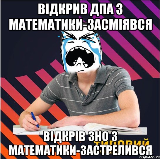 відкрив дпа з математики-засміявся відкрів зно з математики-застрелився, Мем Типовий одинадцятикласник