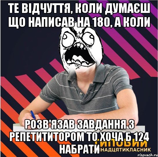 те відчуття, коли думаєш що написав на 180, а коли розв'язав завдання з репетититором то хоча б 124 набрати, Мем Типовий одинадцятикласник