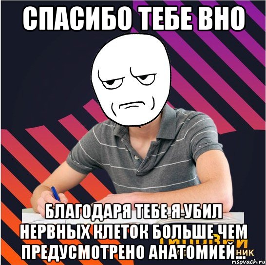 спасибо тебе вно благодаря тебе я убил нервных клеток больше чем предусмотрено анатомией..., Мем Типовий одинадцятикласник