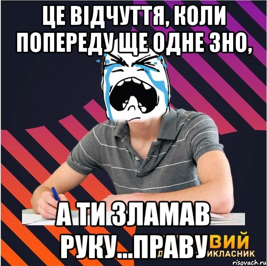 це відчуття, коли попереду ще одне зно, а ти зламав руку...праву, Мем Типовий одинадцятикласник