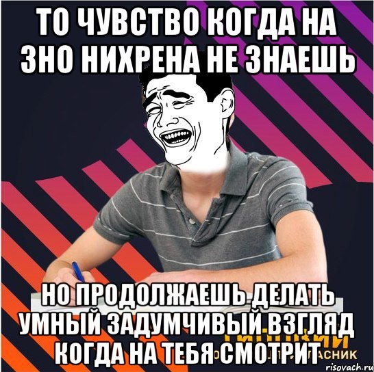 то чувство когда на зно нихрена не знаешь но продолжаешь делать умный задумчивый взгляд когда на тебя смотрит, Мем Типовий одинадцятикласник