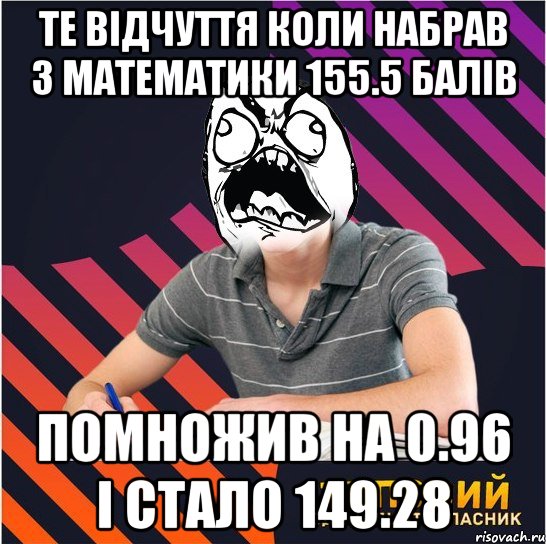 те відчуття коли набрав з математики 155.5 балів помножив на 0.96 і стало 149.28, Мем Типовий одинадцятикласник