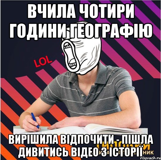 вчила чотири години географію вирішила відпочити - пішла дивитись відео з історії, Мем Типовий одинадцятикласник