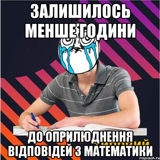 залишилось менше години до оприлюднення відповідей з математики, Мем Типовий одинадцятикласник