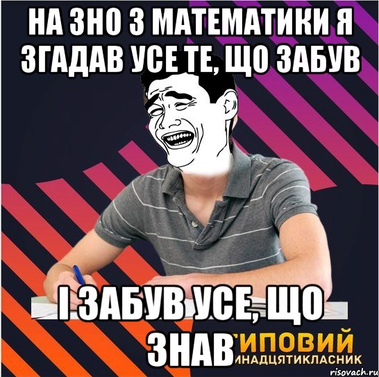 на зно з математики я згадав усе те, що забув і забув усе, що знав, Мем Типовий одинадцятикласник