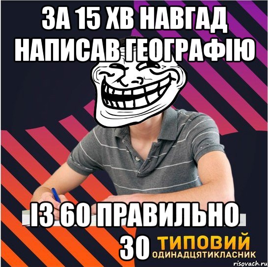 за 15 хв навгад написав географію із 60 правильно 30