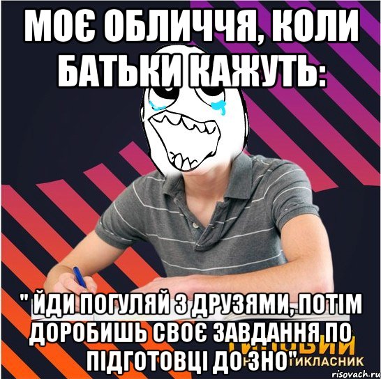 моє обличчя, коли батьки кажуть: " йди погуляй з друзями, потім доробишь своє завдання по підготовці до зно"