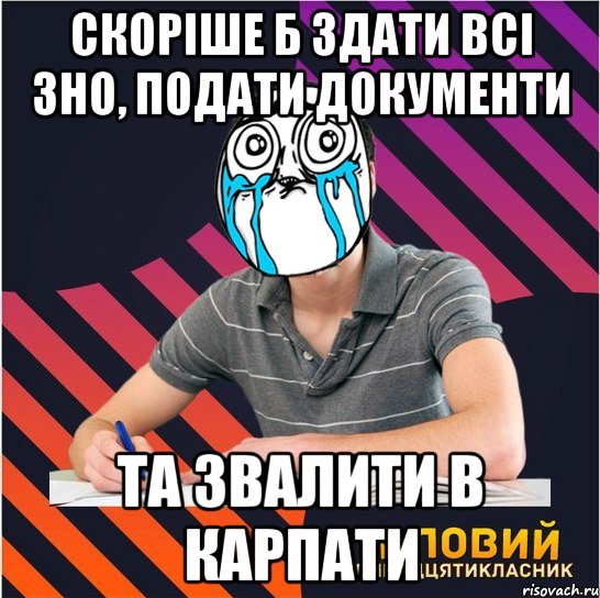 скоріше б здати всі зно, подати документи та звалити в карпати, Мем Типовий одинадцятикласник