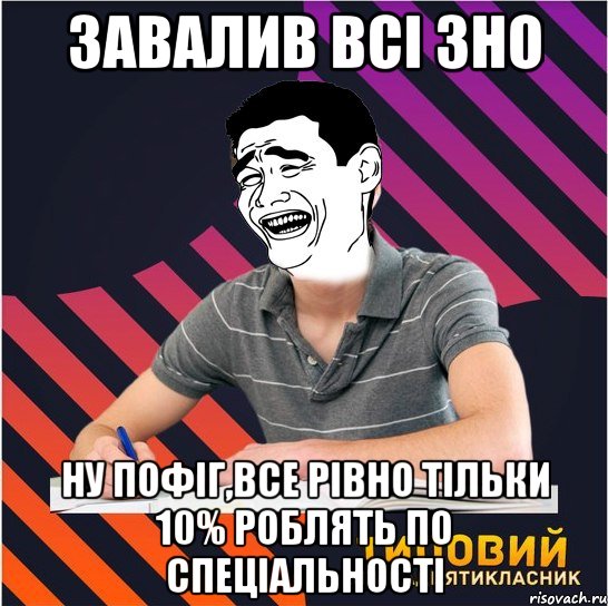 завалив всі зно ну пофіг,все рівно тільки 10% роблять по спеціальності, Мем Типовий одинадцятикласник