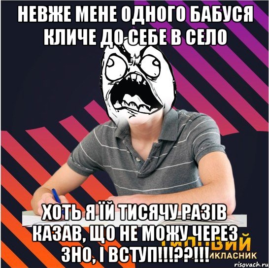 невже мене одного бабуся кличе до себе в село хоть я їй тисячу разів казав, що не можу через зно, і вступ!!!??!!!, Мем Типовий одинадцятикласник