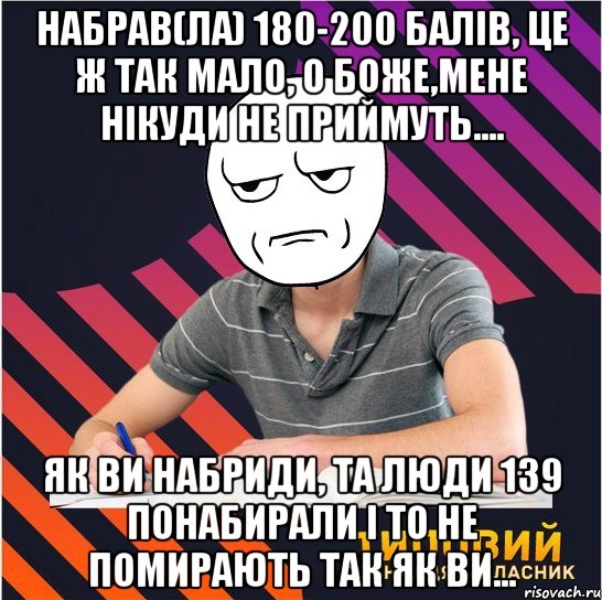 набрав(ла) 180-200 балів, це ж так мало, о боже,мене нікуди не приймуть.... як ви набриди, та люди 139 понабирали і то не помирають так як ви..., Мем Типовий одинадцятикласник