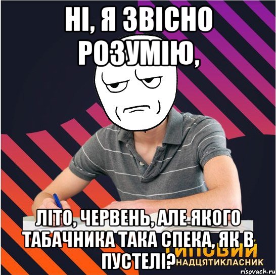 ні, я звісно розумію, літо, червень, але якого табачника така спека, як в пустелі?, Мем Типовий одинадцятикласник