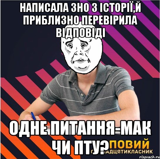 написала зно з історії,й приблизно перевірила відповіді одне питання-мак чи пту?, Мем Типовий одинадцятикласник